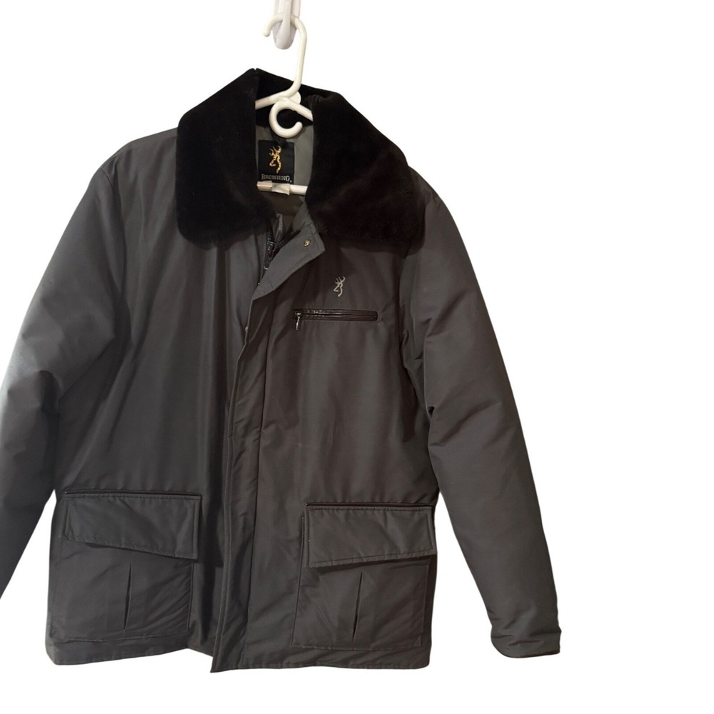 Vintage Browning Mens Goose Down Puffer Jacket Gray Faux Fur Collar‎ Size L USA